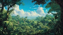  A Painting Of A Lush Green Forest Filled With Lots Of Trees And Bushes Under A Cloudy Blue Sky With White Clouds And Blue Sky With White Fluffy White Puffy Clouds.