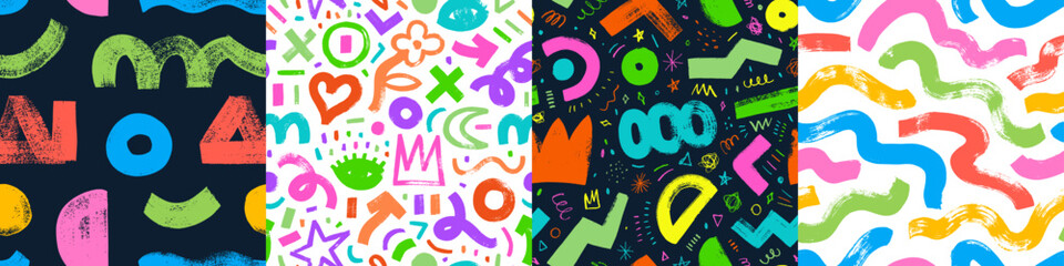 Colorful curved bold lines and doodle shapes seamless pattern collection. Brush drawn crowns, squiggles, geometric shapes and charcoal thin quirky lines. Modern abstract color backgrounds.