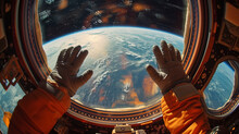 Space And Planet Earth. Astronaut's Hands On Spacecraft Window Overlooking Earth