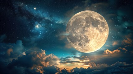 a full moon rising above the clouds in the night sky with stars and clouds in the foreground, and a 