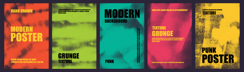 Grunge colorful poster collection with halftone texture and typography text.