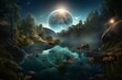 stunning dreamlike view of fantasy scenery with water, woodland, globe, and mirrored images. Generative AI