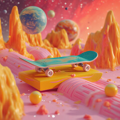Wall Mural - Turquoise skateboard on a yellow planet.
 Space exploration concept.