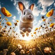 Lapin Courant Dans Une Prairie Avec des Fleurs et Un Ciel Magnifiques - Pâques - Printemps - Fête - Mignon