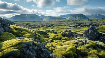 Sticker -  green moss growing on rocks in the middle of a field with a mountain range in the distance in the distance in the distance is a blue sky with white clouds.