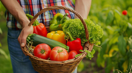 Wall Mural - closeup hands farmer holding fresh vegetables in a basket. Ai Generative