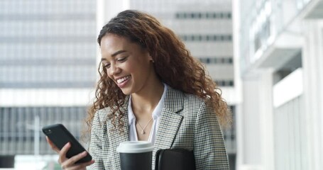 Poster - Laughing, phone or businesswoman in city with coffee on social media to chat on internet post notification. Funny meme, building or happy entrepreneur on mobile app texting, networking or typing