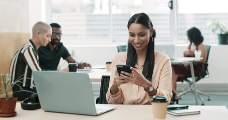 Aufkleber - Happy woman in creative office with laptop, phone and checking social media in market research career. Smile, coworking space and professional businesswoman at desk with networking, email and startup