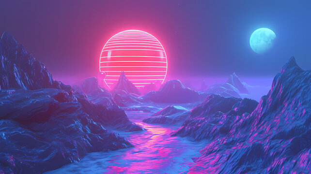 Abstract background portraying a digital vaporwave landscape with futuristic flair