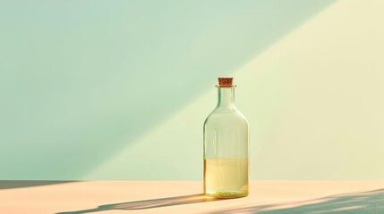 Wall Mural -  a bottle of liquid sitting on top of a table next to a shadow of a person's shadow on the wall and a shadow of a person's hand.