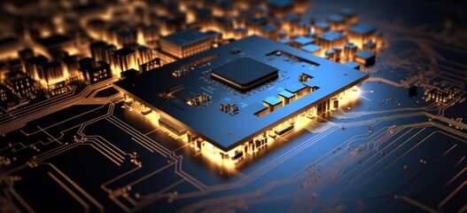 Shiny circuit board with style of luminous 3d objects, dark gold and light azure. Generate AI image