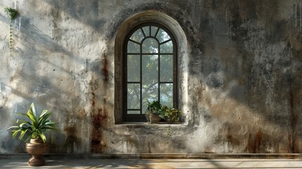 Canvas Print -  a potted plant sitting in front of a window with a stone wall and a concrete wall with a window pane and a potted plant next to it.