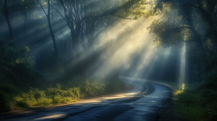 Sticker -  a road in the middle of a forest with sunbeams shining through the trees on either side of the road is a winding road with trees on both sides.