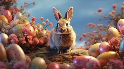 Wall Mural - easter bunny with easter eggs