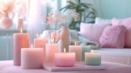 Sticker -  a table topped with lots of lit candles next to a vase filled with baby's breath flowers on top of a white table cloth covered in front of a window sill.