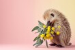 Cute and very shy Echidna with a bouquet of  flowers on pastel pink background. Happy Australian animals collection.