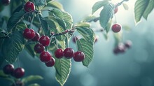  A Tree Filled With Lots Of Ripe Cherries On Top Of A Green Leafy Branch With Lots Of Ripe Cherries Hanging Off Of It's Green Leaves.