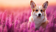 Cheerful corgi dog in field with purple flowers ,spring concept
