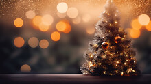 Banner Dark Decorated Christmas Tree Pine On Blurred Background Bokeh Light