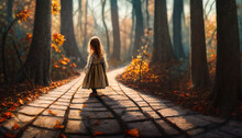 Generated Image Of A Small Girl Walking A Stone Path Alone Through Colorful Autumn Woods In The Late Afternoon