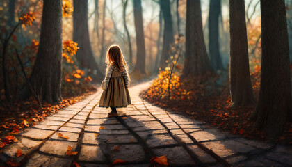 Wall Mural - Generated image of a small girl walking a stone path alone through colorful autumn woods in the late afternoon