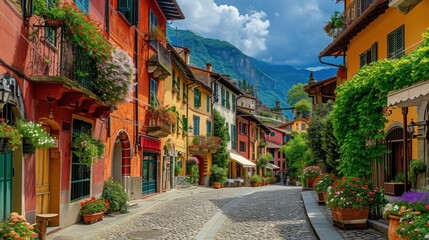 Poster -  a cobblestone street with potted plants on either side of the street and a mountain in the backgrouf of the street, with a blue sky and white clouds in the background.