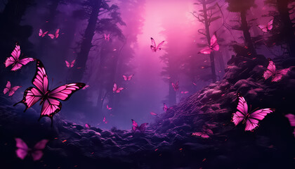 Magic Night Forest and Butterflies in neon color ,spring concept