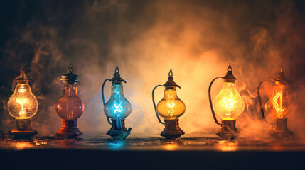 Poster -  a row of light bulbs sitting next to each other in front of a dark background with steam coming out of the top of one of the bulbs and on the bottom.