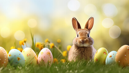 Wall Mural - Hare with painted eggs on the field, easter concept
