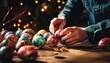 Girl decorates eggs with glitter, easter concept