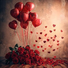 Wall Mural - Valentine Ambiance with Roses and Heart Balloons