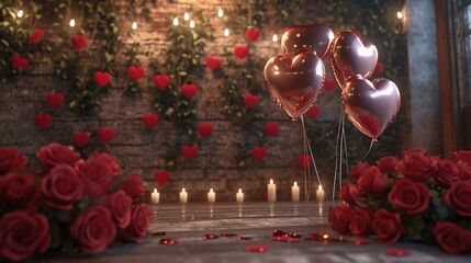 Wall Mural - Valentine Ambiance with Roses and Heart Balloons