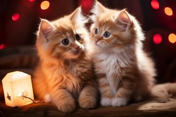 Wall Mural - Couple of cute kittens, romance concept. Background with selective focus and copy space
