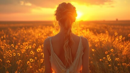 Sticker -  the back of a woman's head as she stands in a field of sunflowers with the sun setting behind her and the horizon in the foreground.