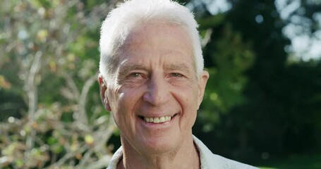 Canvas Print - Happy, nature and face of senior man in outdoor park, garden or field with positive attitude. Smile, backyard and portrait of elderly male person in retirement from Australia with confidence by trees