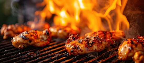 Canvas Print - Grilled chicken with fiery flames.