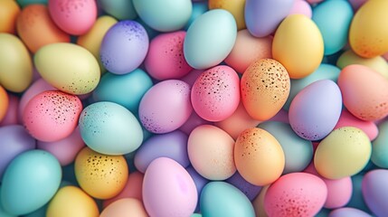 Sticker -  a pile of colorful eggs with speckles in the middle of the eggs are blue, yellow, pink, and green eggs with speckles on them.