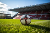 Fototapeta Sport - Ball on the green field in soccer stadium. soccer ball close-up. Generated AI