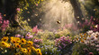 A garden scene with blooming flowers and buzzing bees