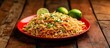 Piles of Pancit noodles on a red plate, resting on a wooden table, with three limes near the plate's edge.