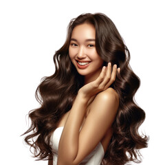 Wall Mural - Beauty brunette asian young woman with long shiny curly hair, Beautiful smiling woman model posing wavy hairstyle, Cosmetology, cosmetics and make-up, isolated on white background, png