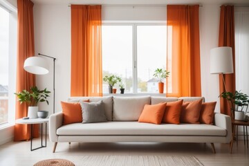 Sticker - Scandinavian interior home design of modern living room with beige sofa with orange pillows with window and orange curtains