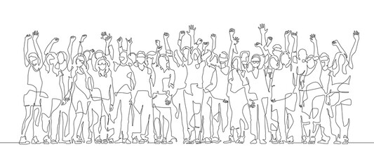 Wall Mural - Continuous line drawing of happy cheerful crowd of people. Hands up . Audience group. Group of applause people.