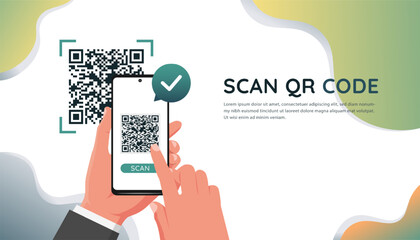 Hand holds smartphone to scan QR code for online payment, shopping transaction, share link website and contact information on mobile app services. Template for website, landing page, ui, social media