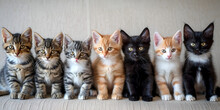 Different Colored Cat Kittens, Sitting Beside Each Other On Row. A Group Of Different Kitten, World Pet's Day, Animals, House Pets, Generative Ai