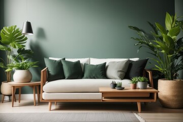 Wall Mural - Scandinavian Interior home design of modern living room with wooden sofa and ornamental plants with green wall