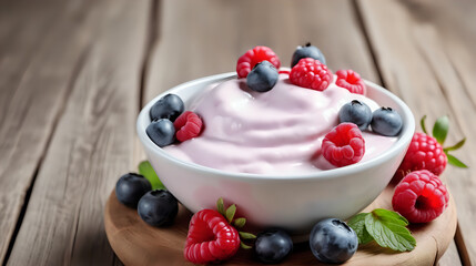 Wall Mural - Yogurt and mix berries in bowl on white background with text space. Generated with AI.