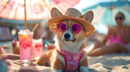 Wall Mural - Happy dog on summer vacation. Cute corgi puppy lying down on beach with hat sunglasses, cocktail and ocean resort hotel background. Creative pet animal holiday maker character in fashionable costume.