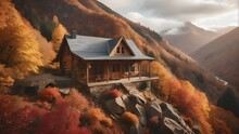 Old House In The Mountains,An Image That Evokes A Sensation Of An Autumnal Getaway Shows A Cabin Tucked Away In A Valley, Surrounded By Gently Sloping Hills Covered In Fall Leaves.