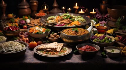 The traditional food menu is served on earthenware plates, a menu for family gathering dinners on holidays.